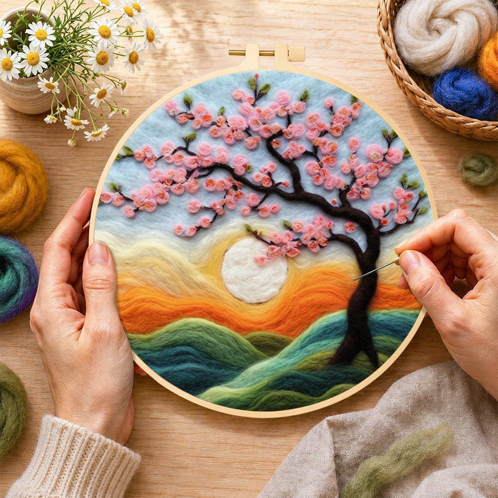 Creating the dreamy cherry tree at sunset wool painting by hand with a felting needle