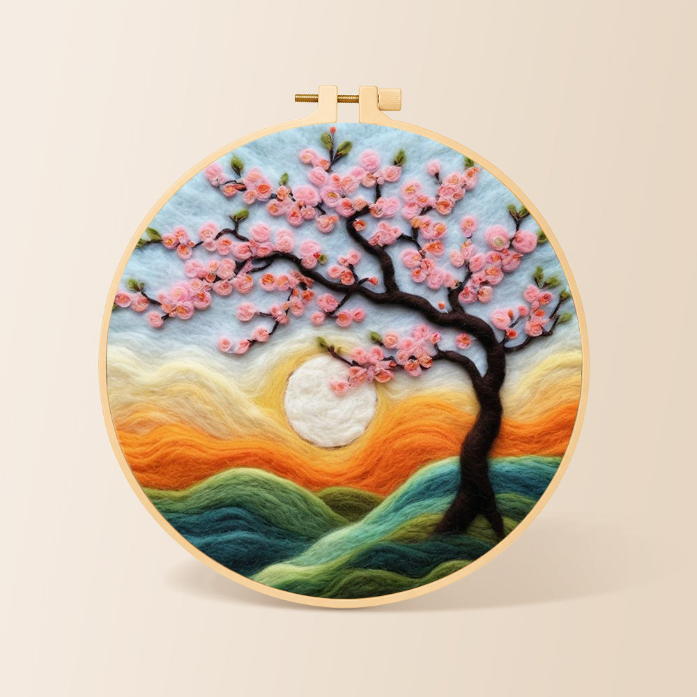 Dreamy cherry tree at sunset needle felting kit for beginners with a round wooden frame