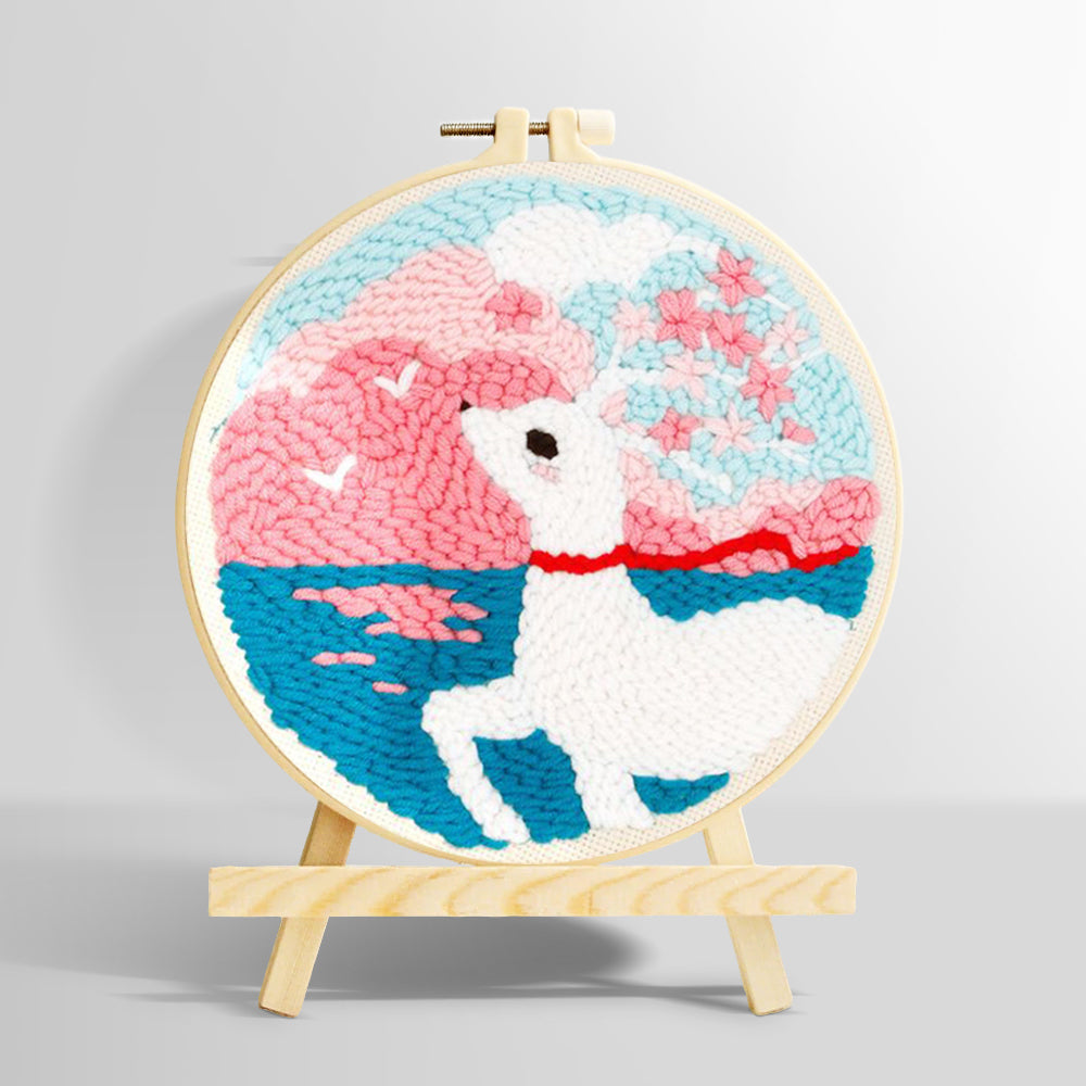 Dreamy clouds, sea, and white deer punch needle kit for beginners