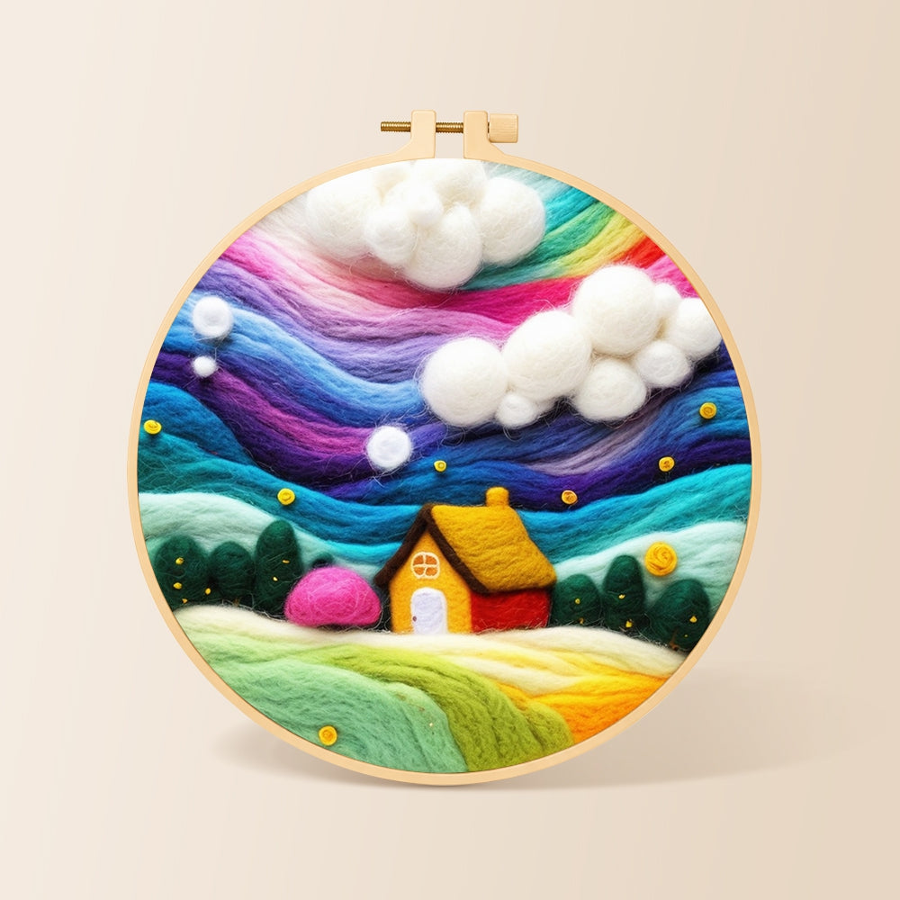 Dreamy cottage under the rainbow aurora needle felting kit for beginners with a round wooden frame