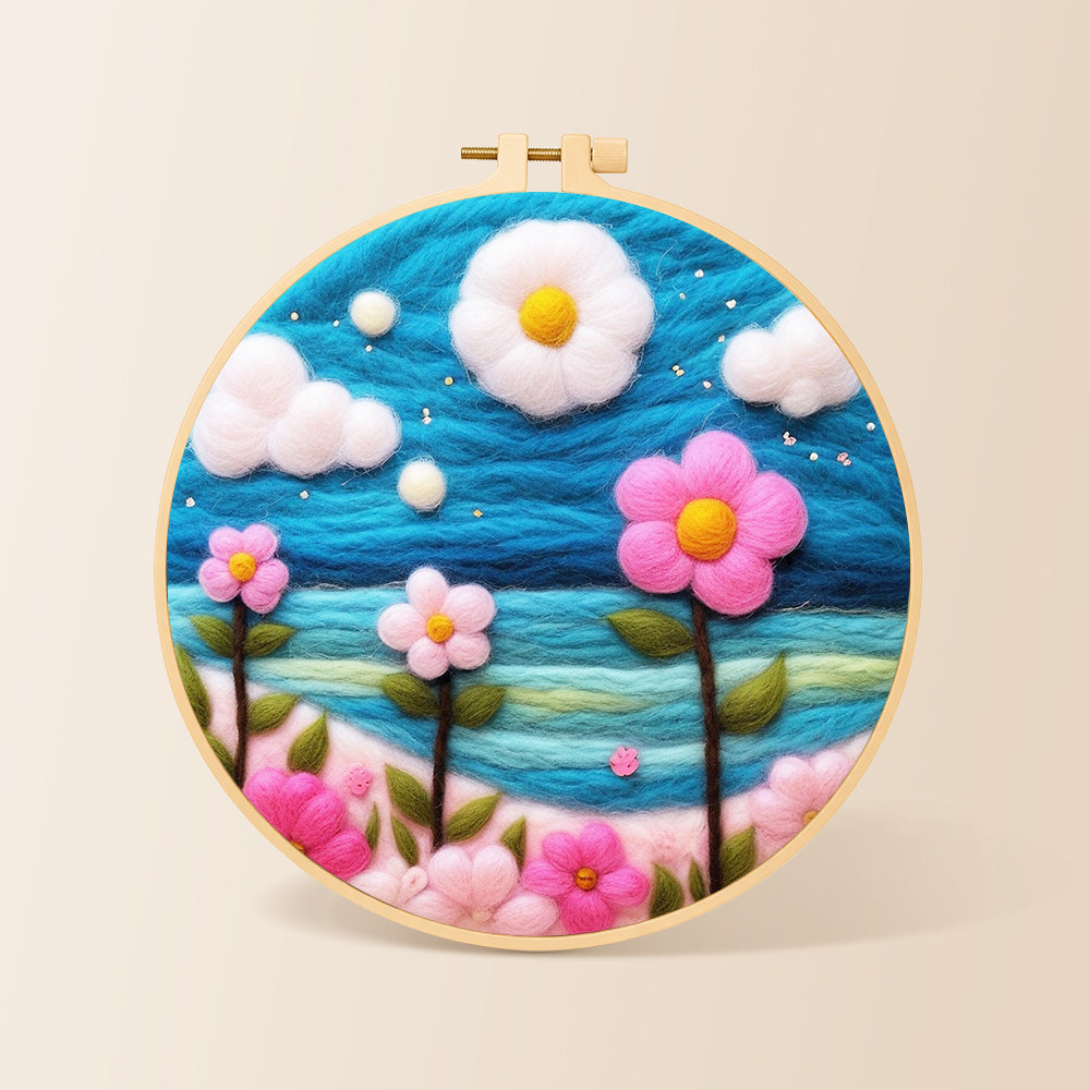 Dreamy pink flowers under the blue sky needle felting kit for beginners with a round wooden frame