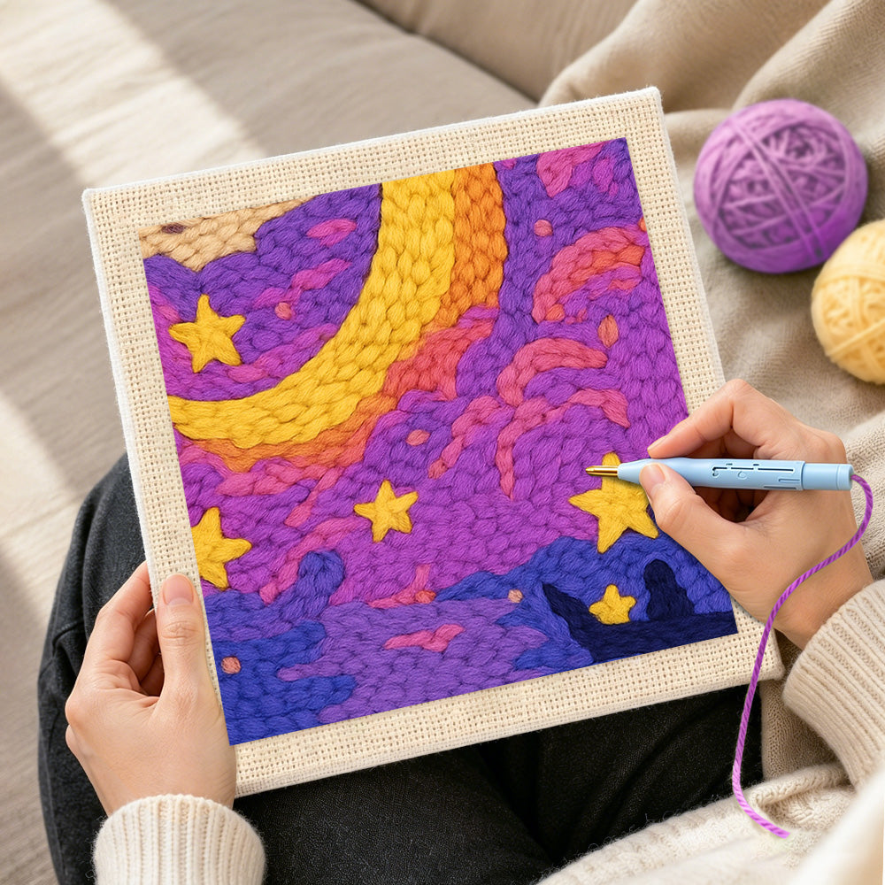 Creating handmade dreamy purple starry night punch needle artwork