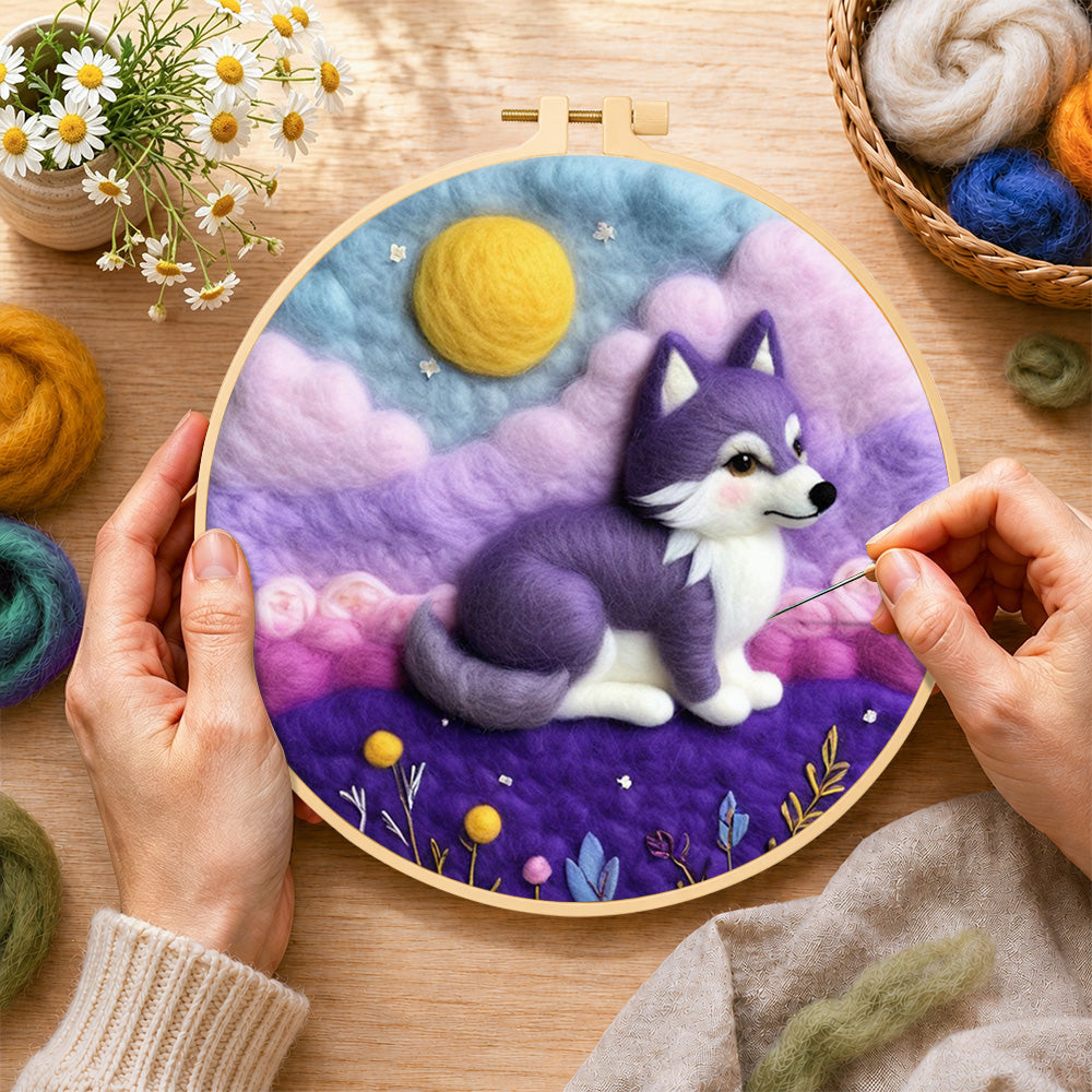 Creating the dreamy purple wolf wool painting by hand with a felting needle