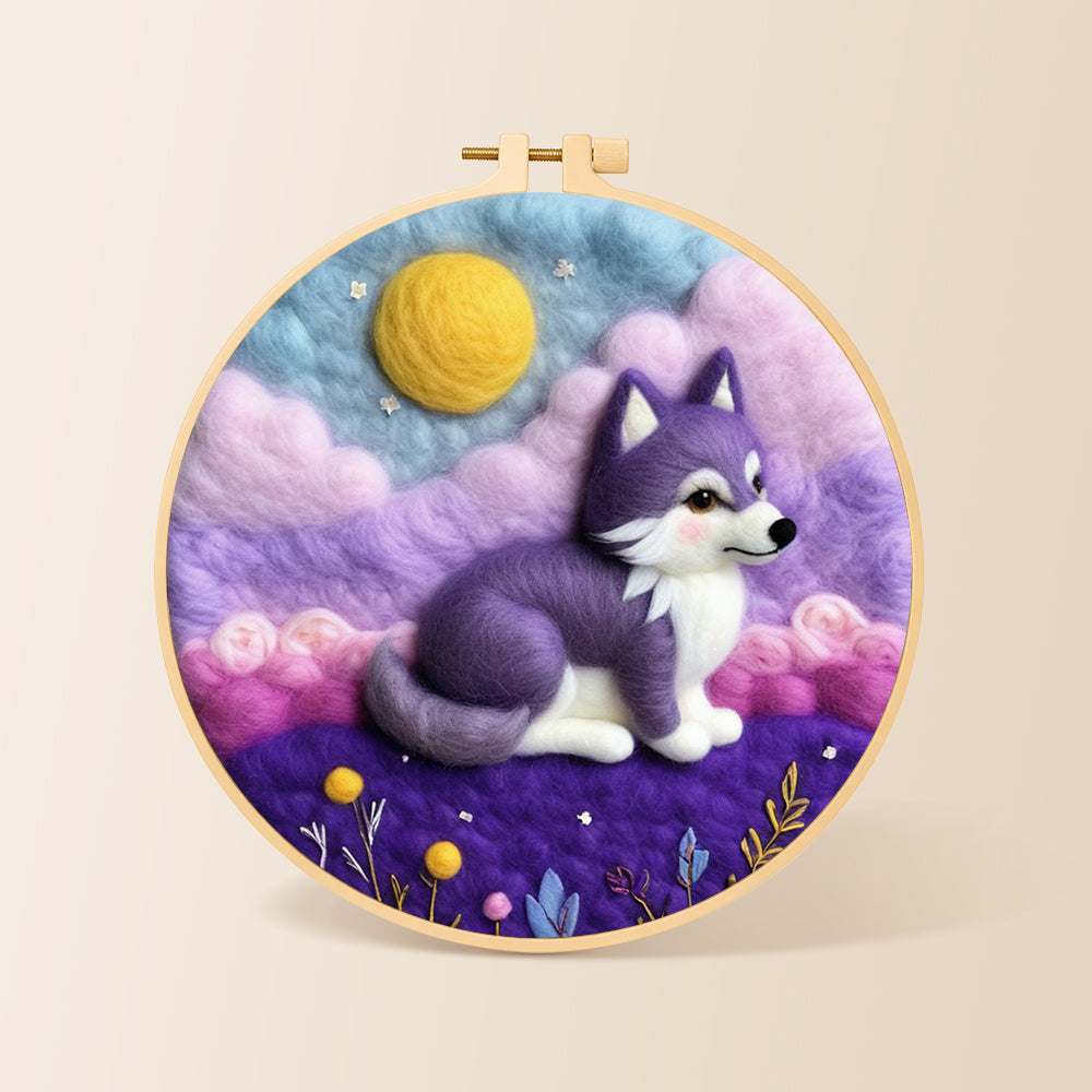 Dreamy purple wolf needle felting kit for beginners with a round wooden frame