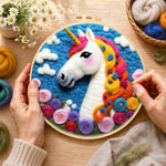Creating the dreamy unicorn and flowers wool painting by hand with a felting needle
