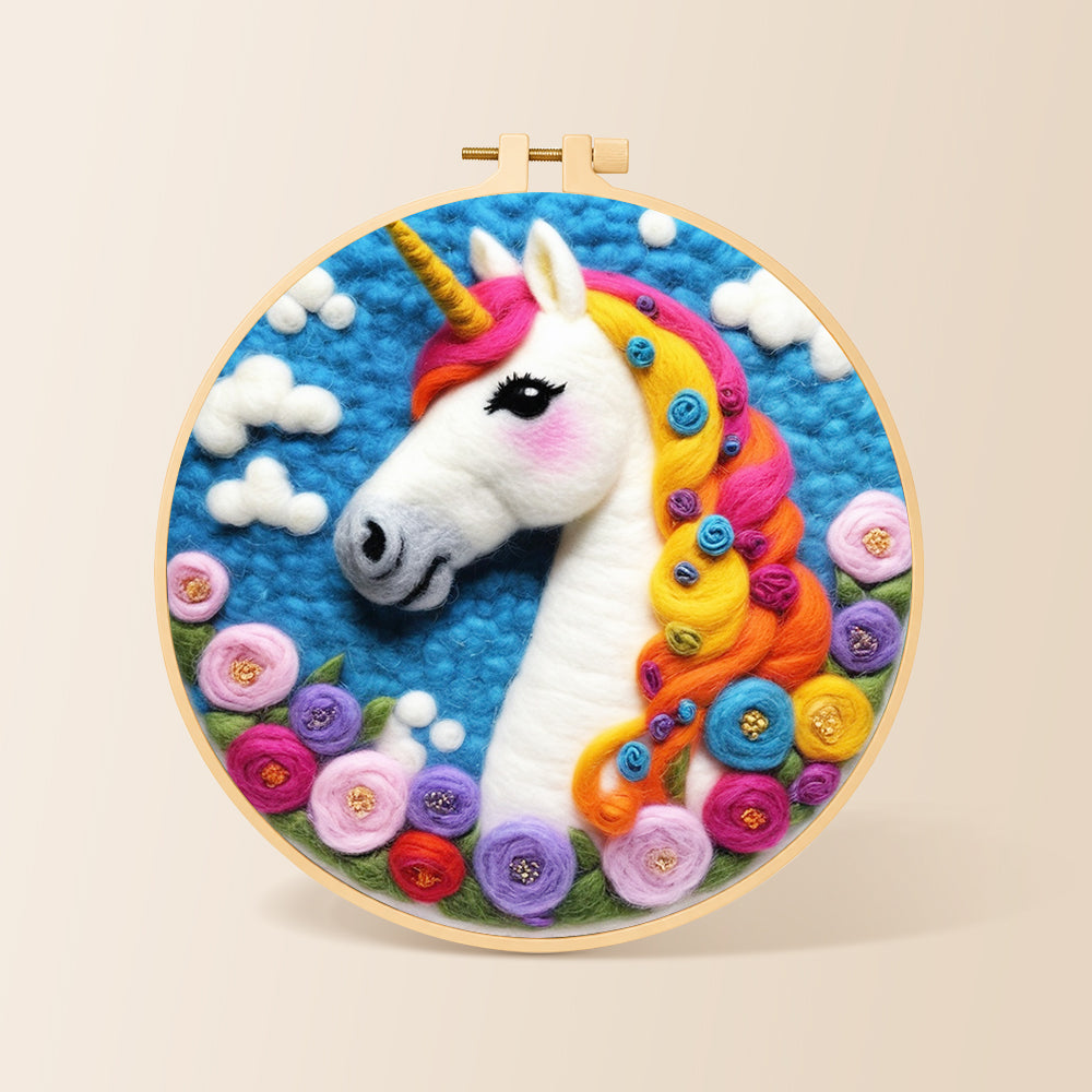 Dreamy unicorn and flowers needle felting kit for beginners with a round wooden frame