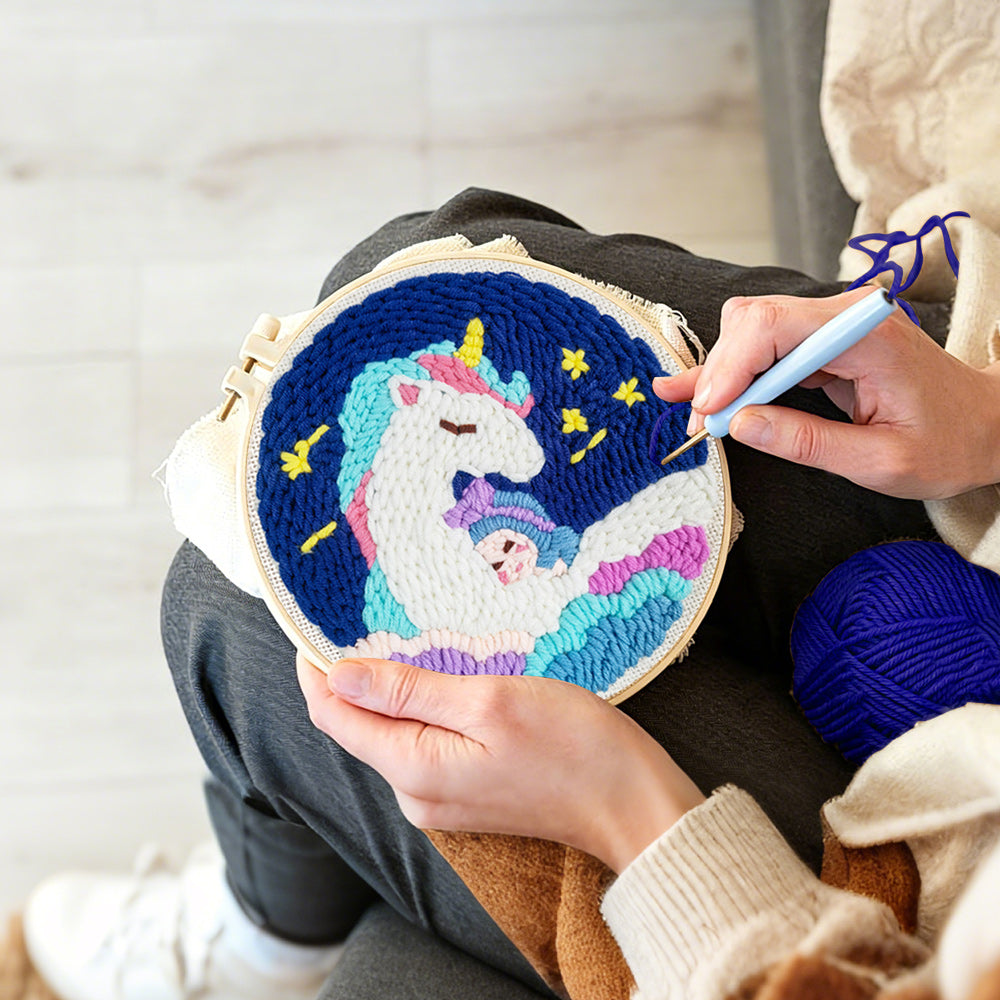 Creating handmade dreamy unicorn on clouds punch needle artwork
