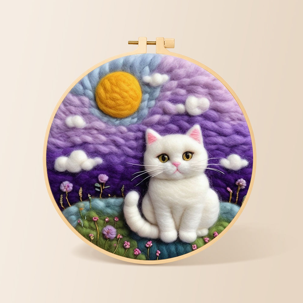 Dreamy white cat in purple clouds needle felting kit for beginners with a round wooden frame