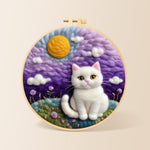 Dreamy white cat in purple clouds needle felting kit for beginners with a round wooden frame