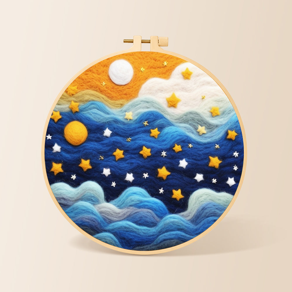 Drifting blue clouds and yellow stars needle felting kit for beginners with a round wooden frame