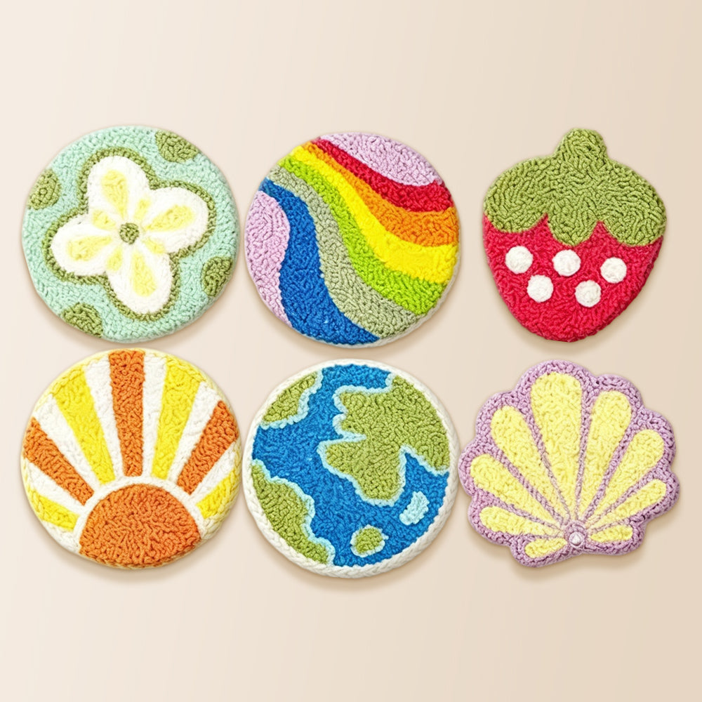 Earth, rainbow and strawberry punch needle coaster kit finished handmade coasters