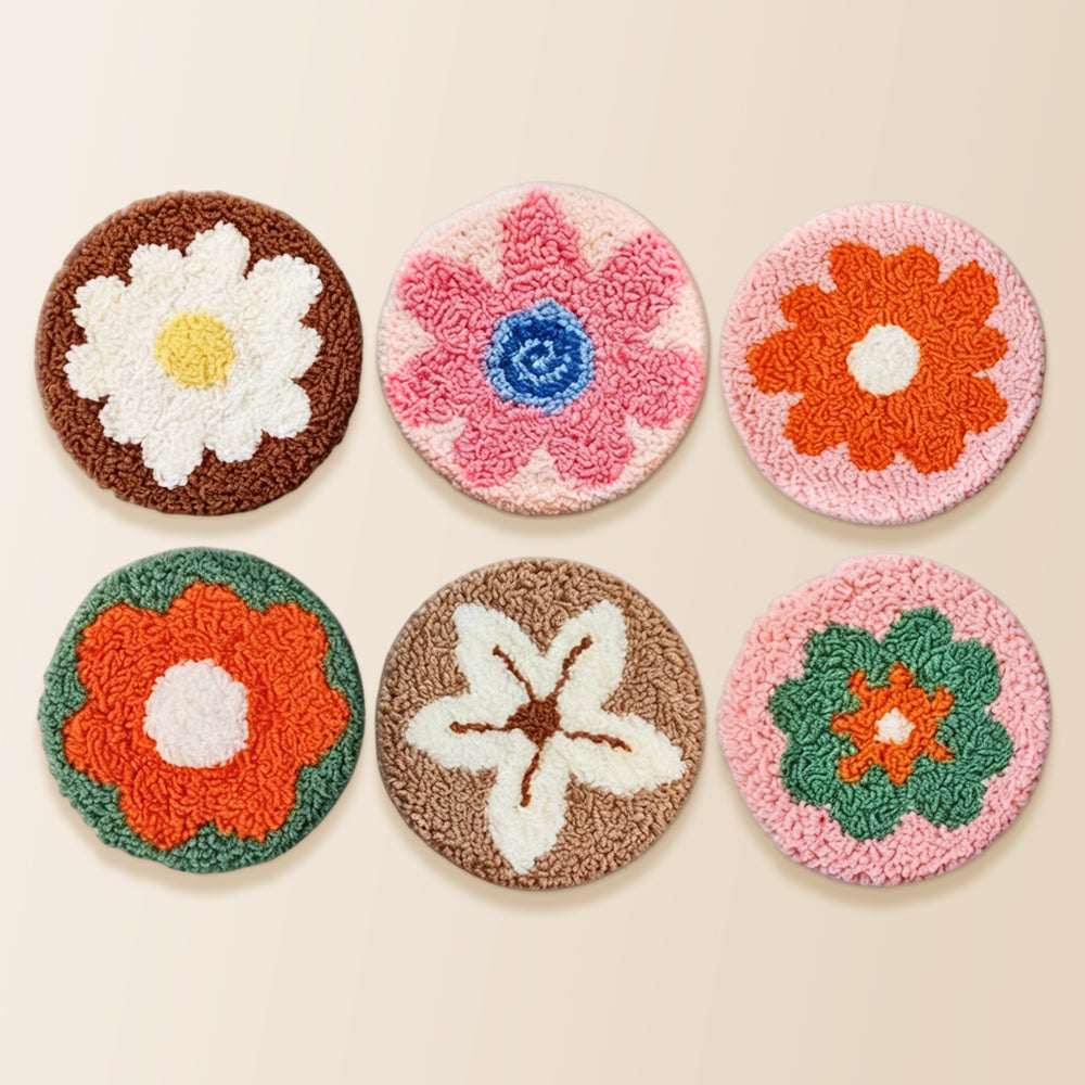 Earth-toned flowers punch needle coaster kit finished handmade coasters