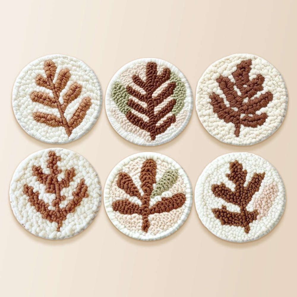 Earth-toned leaves punch needle coaster kit finished handmade coasters