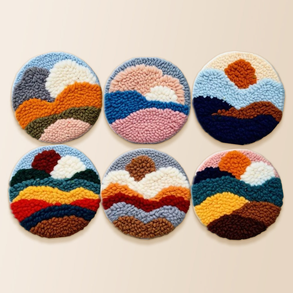 Earth-toned sun and mountains punch needle coaster kit finished handmade coasters