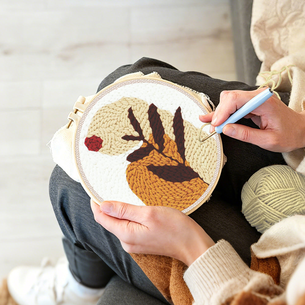 Creating handmade earthy tones botanical leaf punch needle artwork