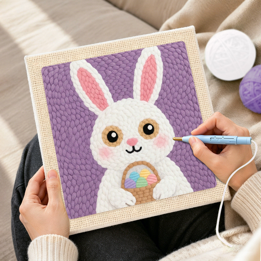 Creating handmade easter bunny with egg basket punch needle artwork