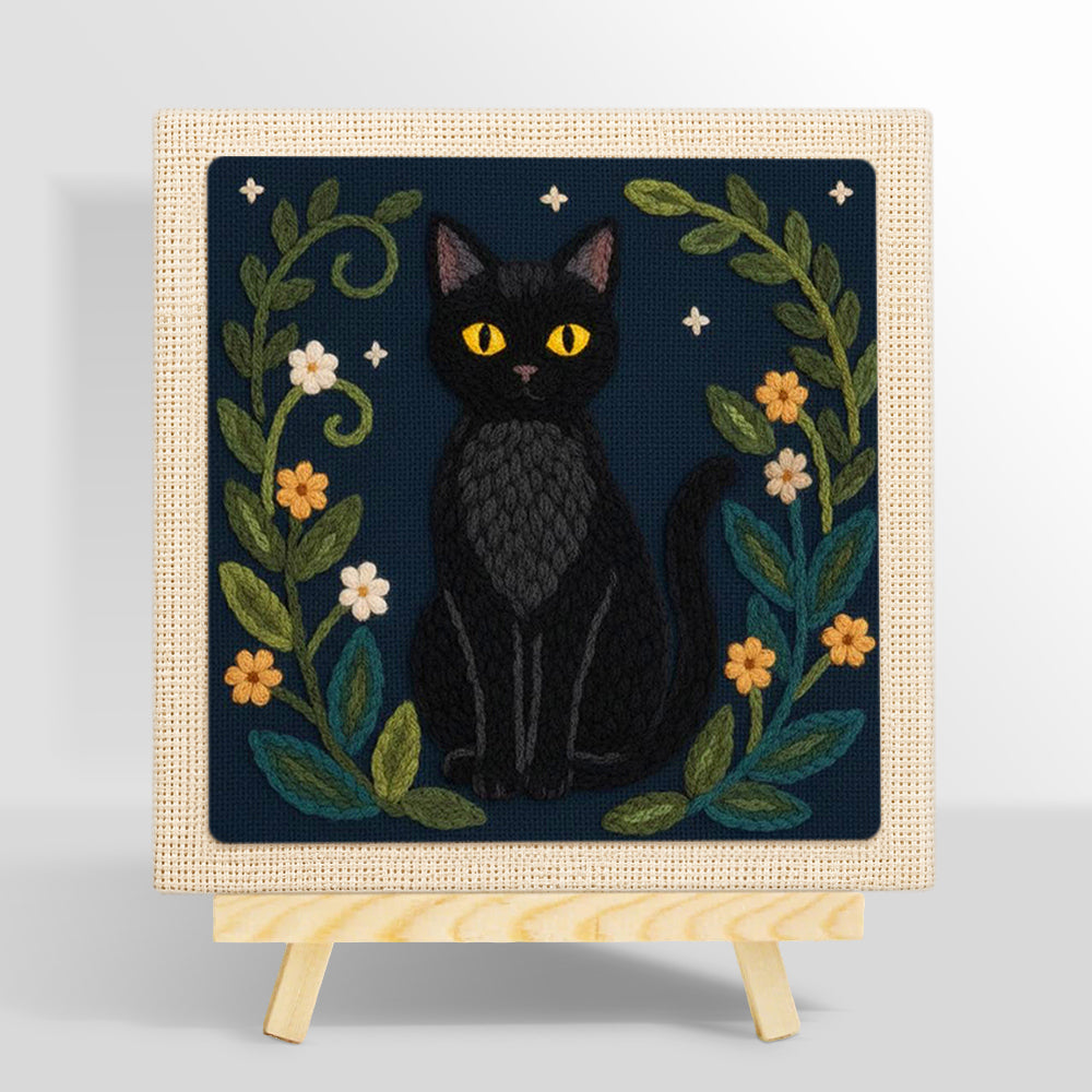 Elegant black cat and botanical punch needle kit for beginners