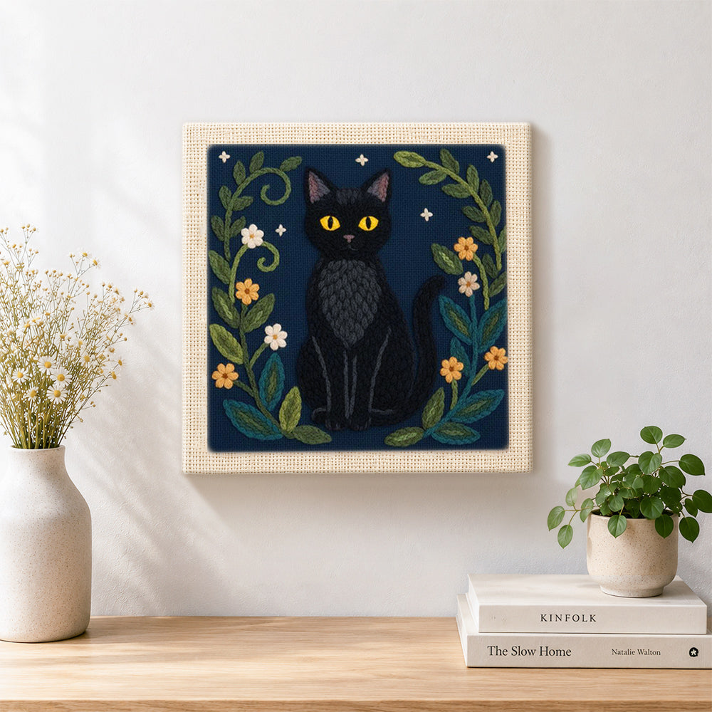 Finished elegant black cat and botanical artwork displayed on a wall