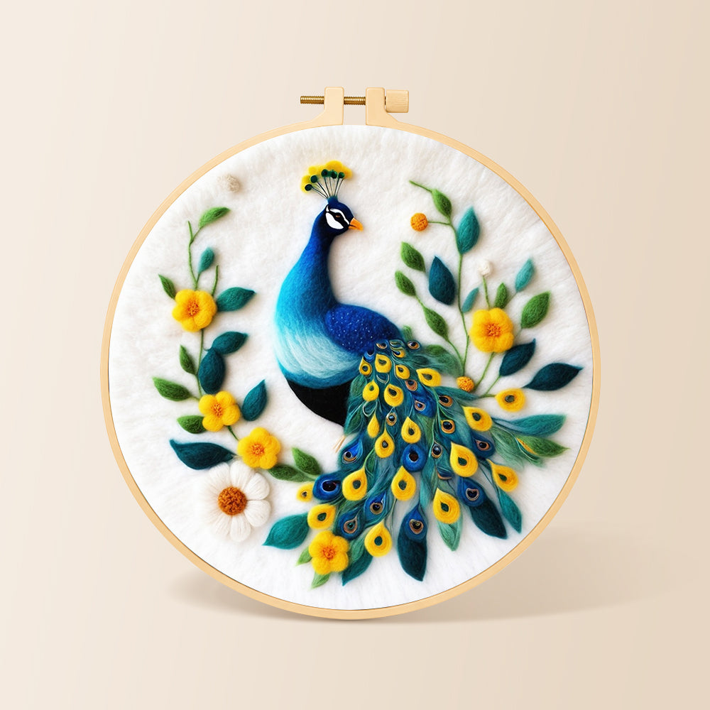 Elegant blue peacock needle felting kit for beginners with a round wooden frame