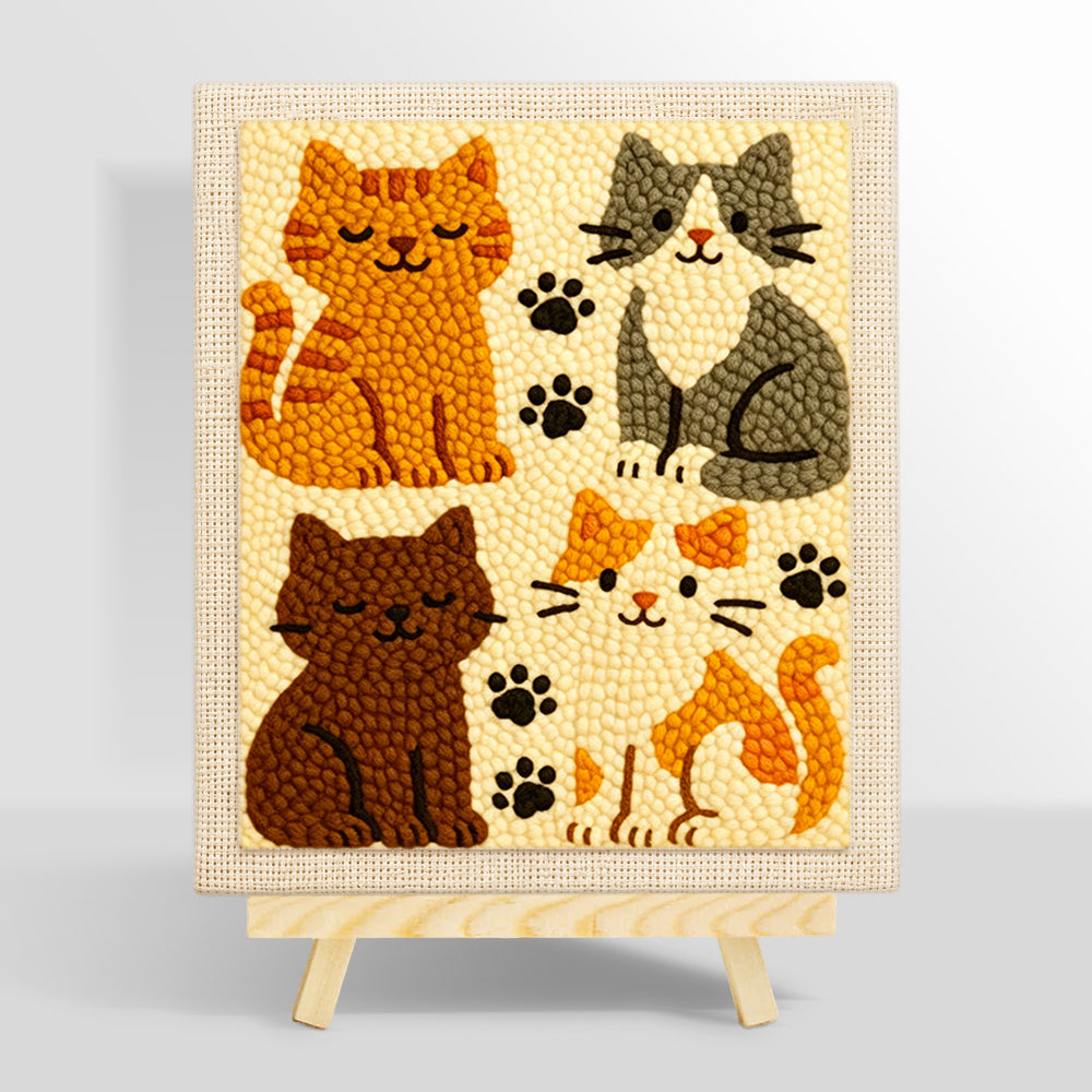 Elegant four cats and paw prints punch needle kit for beginners