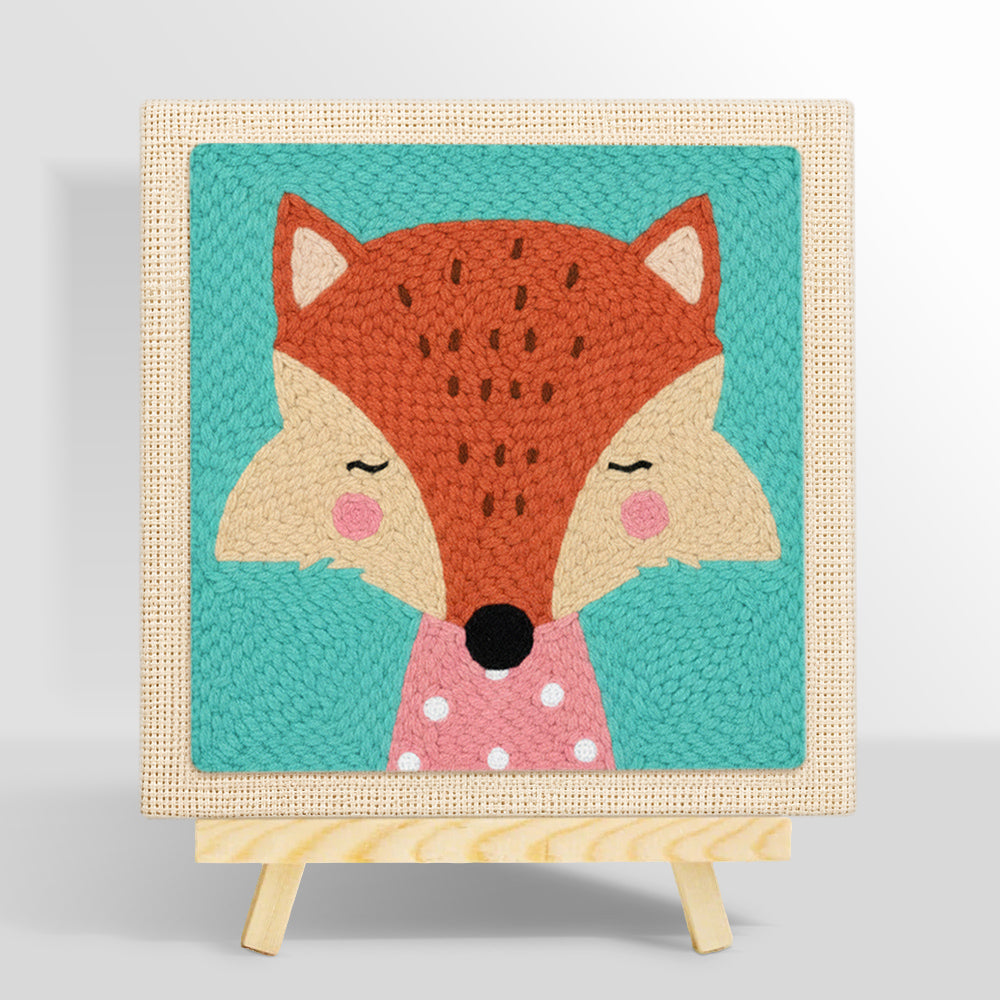 Elegant fox with pink polka dot collar punch needle kit for beginners
