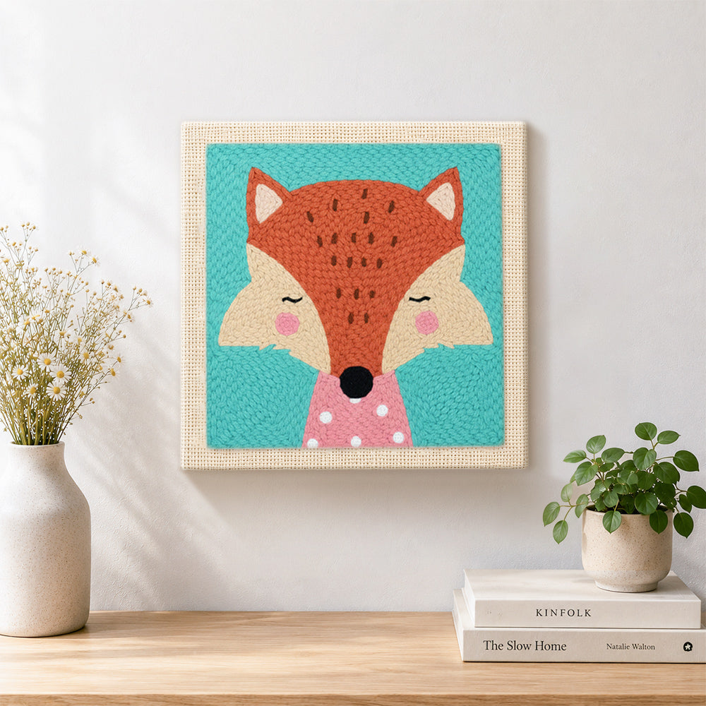 Finished elegant fox with pink polka dot collar artwork displayed on a wall