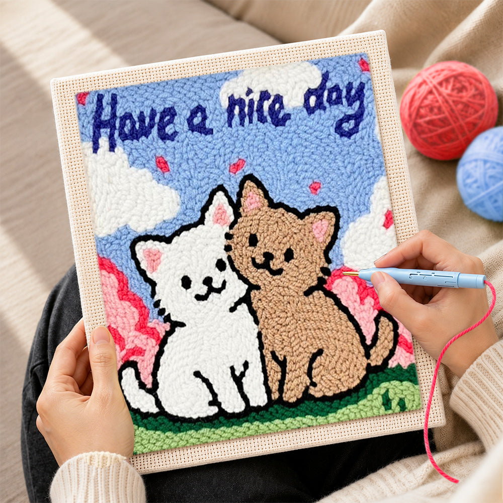 Creating handmade elegant "Have a Nice Day" cat couple punch needle artwork