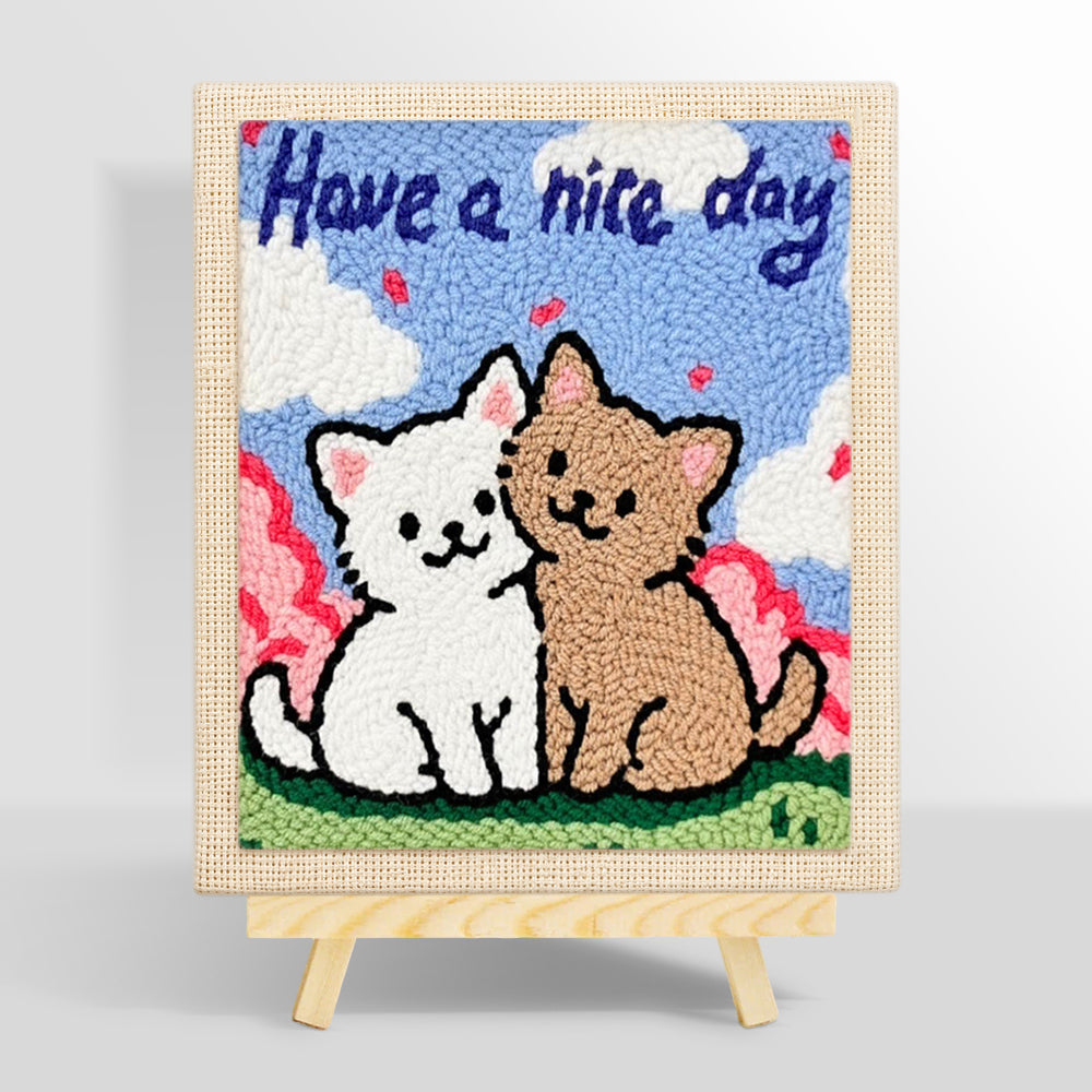Elegant "Have a Nice Day" cat couple punch needle kit for beginners