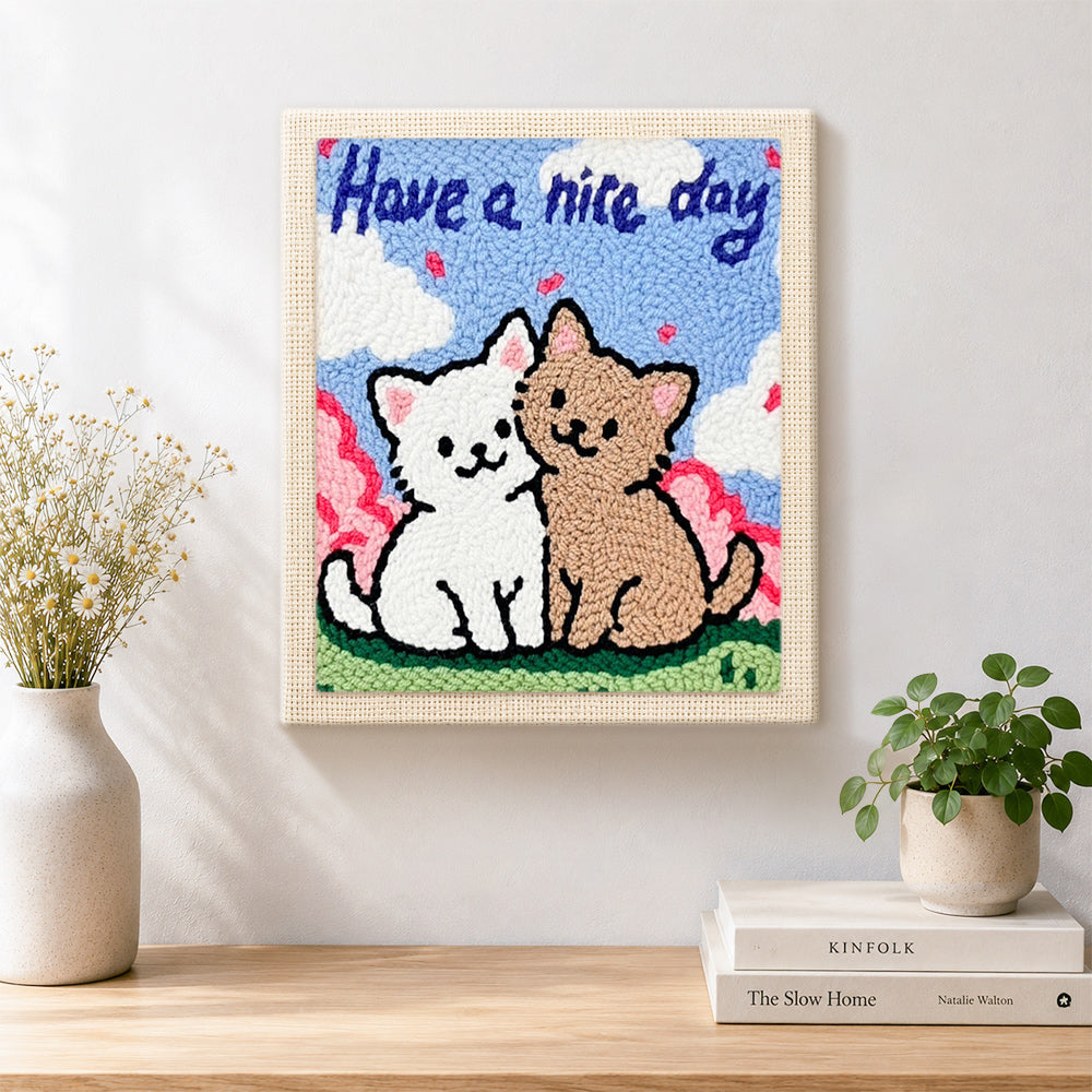 Finished elegant "Have a Nice Day" cat couple artwork displayed on a wall