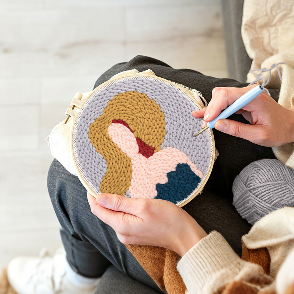 Creating handmade elegant lady with fashion hat punch needle artwork