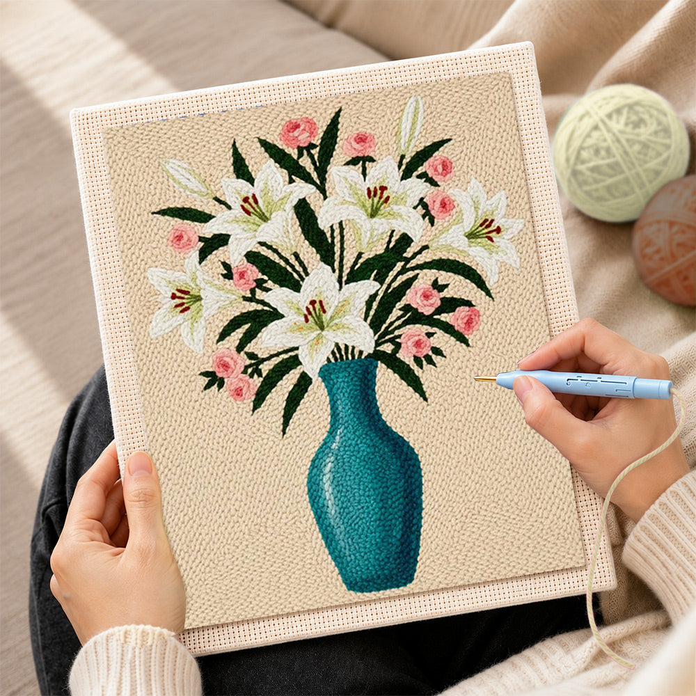 Creating handmade elegant lily and pink roses in blue vase punch needle artwork