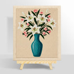 Elegant lily and pink roses in blue vase punch needle kit for beginners