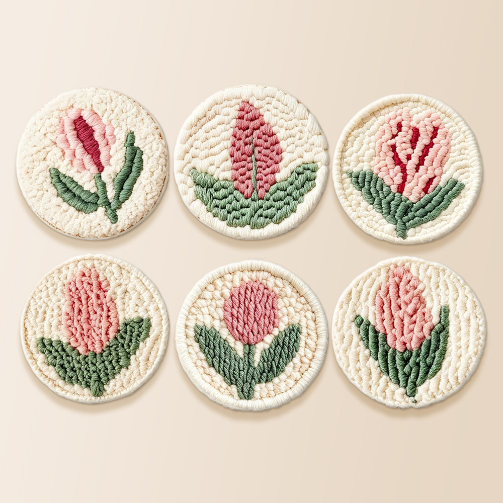 Elegant pink and red tulip punch needle coaster kit finished handmade coasters