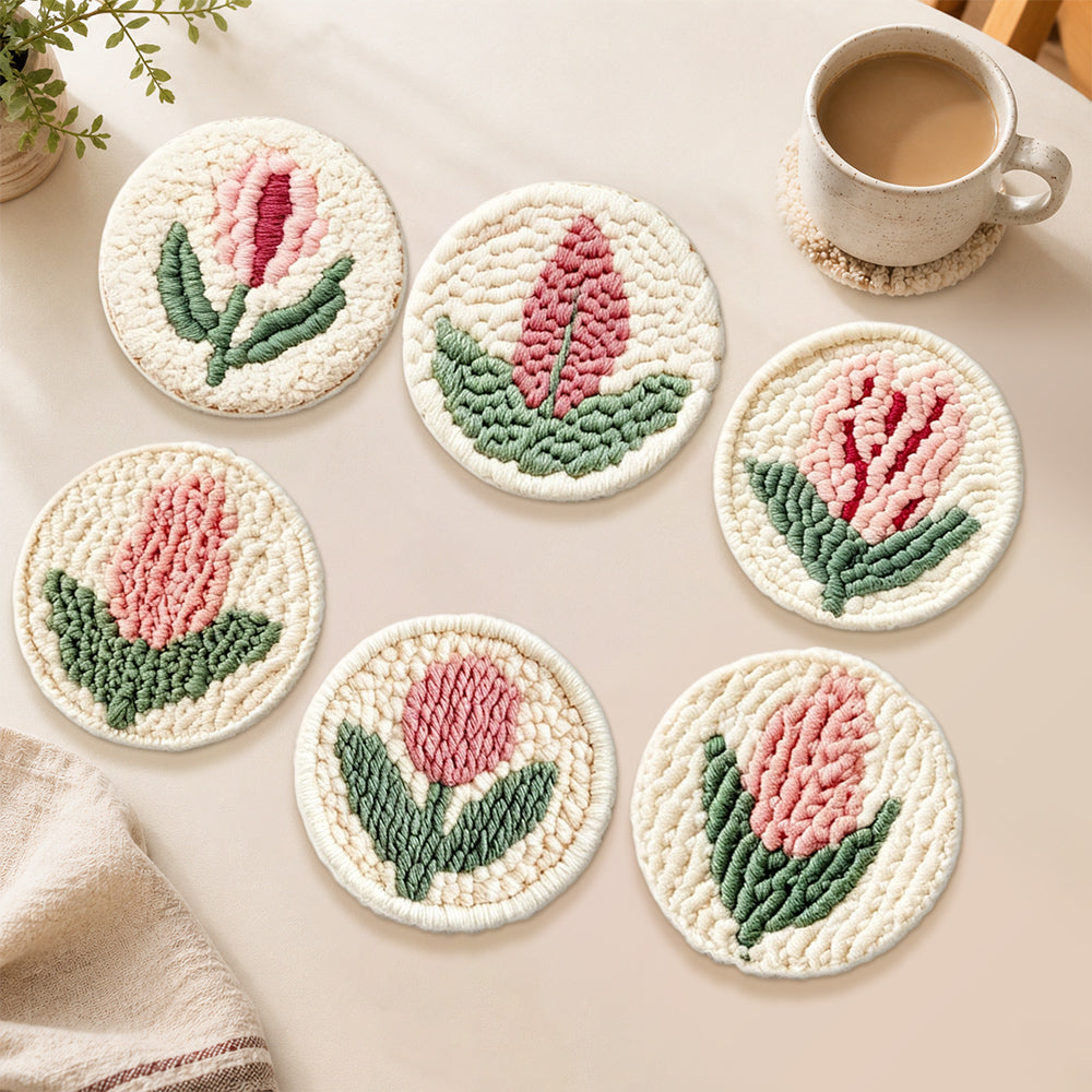 Elegant pink and red tulip punch needle coasters used for home decoration