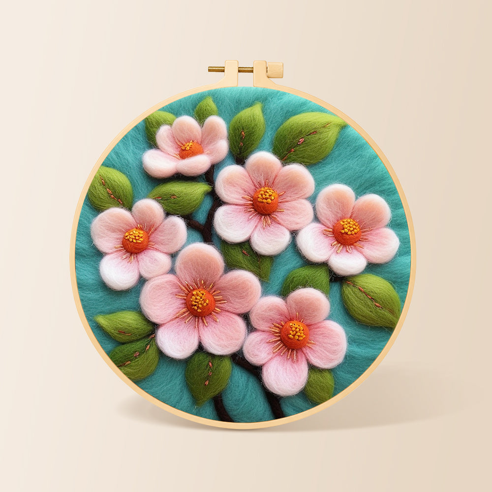 Elegant pink flowers needle felting kit for beginners with a round wooden frame