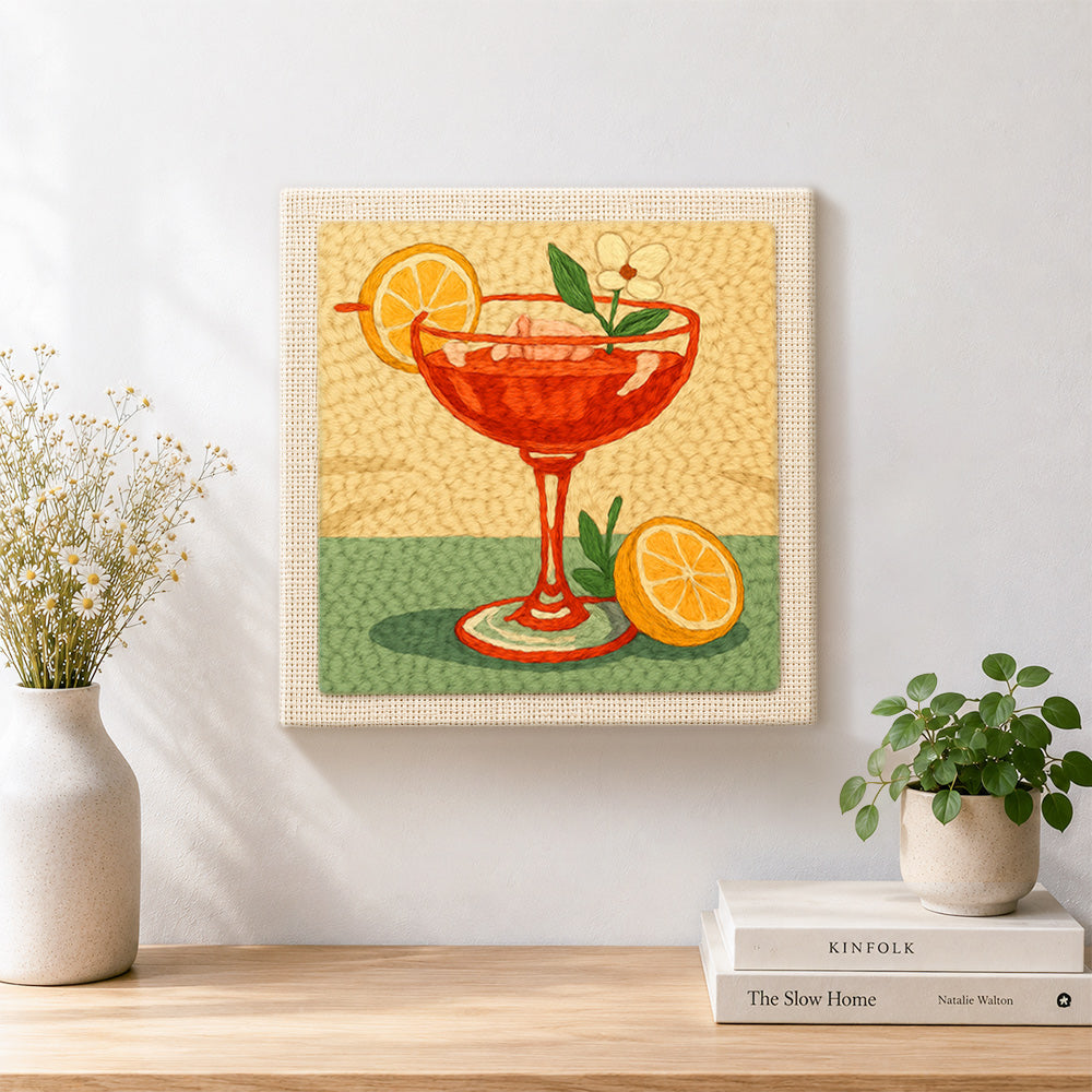 Finished elegant red cocktail artwork displayed on a wall