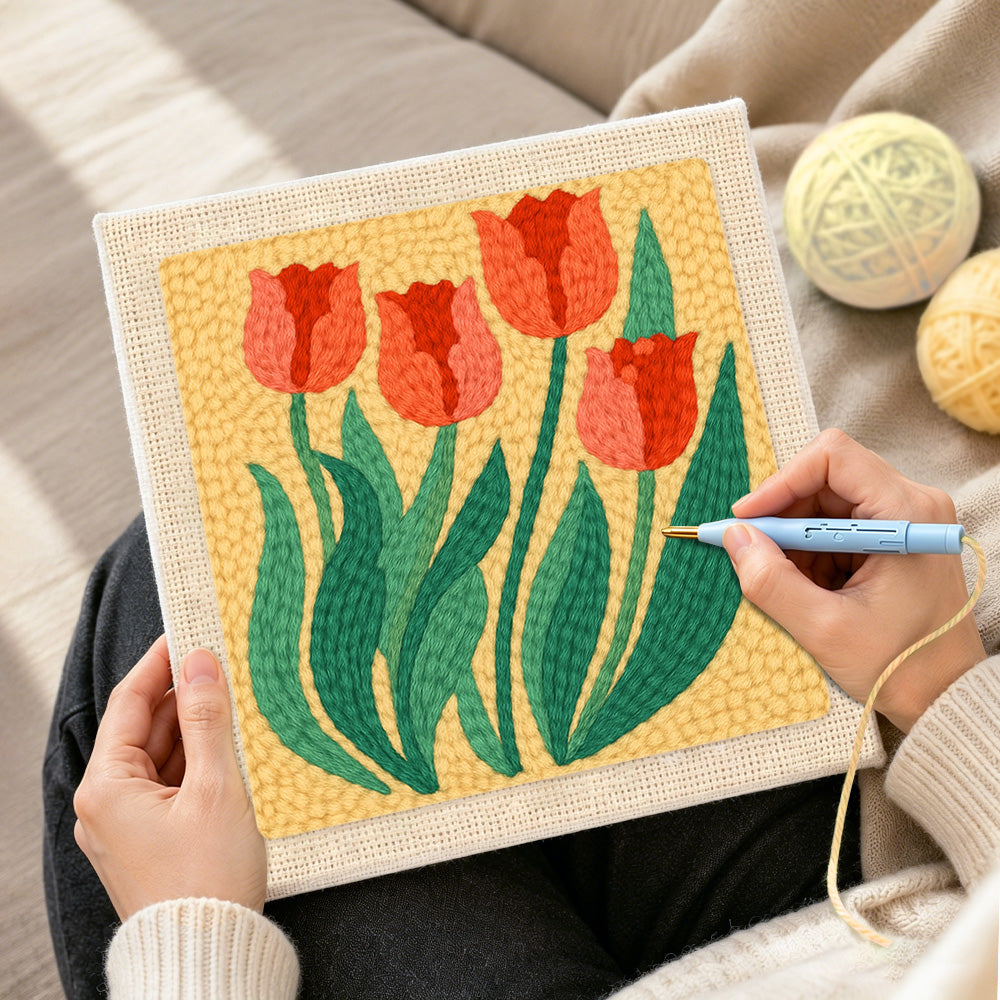 Creating handmade elegant red tulips punch needle artwork