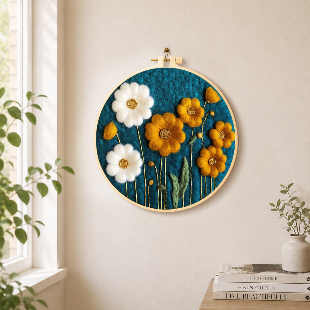 Elegant white and yellow daisies needle felt wall art displayed in a bright home interior