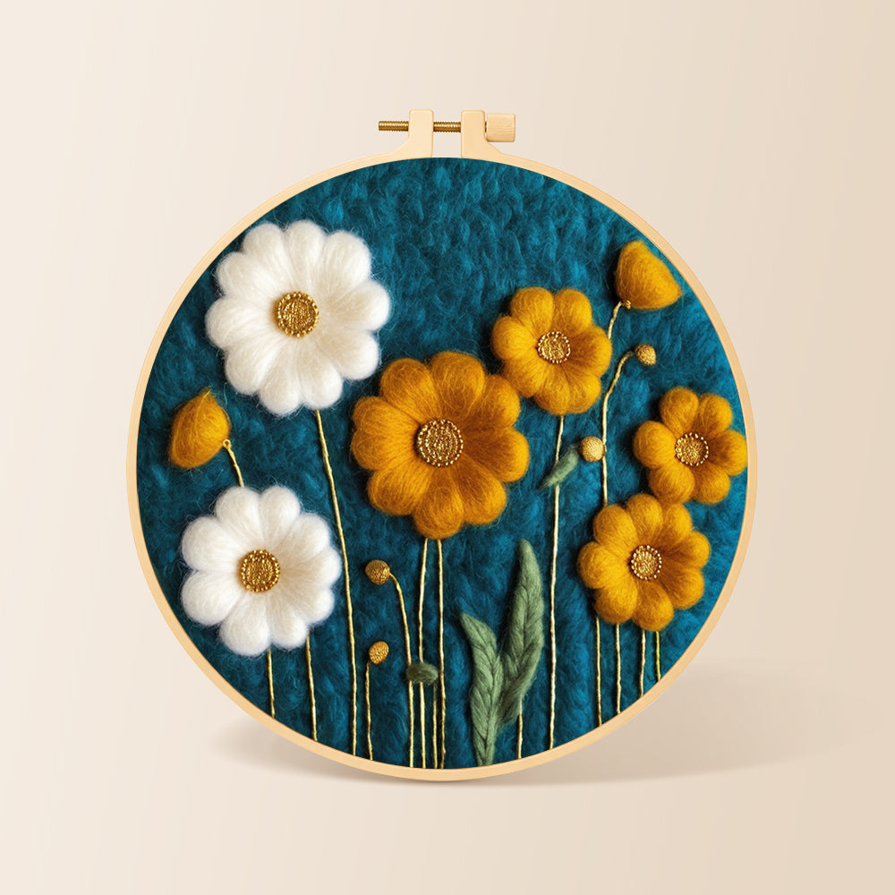 Elegant white and yellow daisies needle felting kit for beginners with a round wooden frame