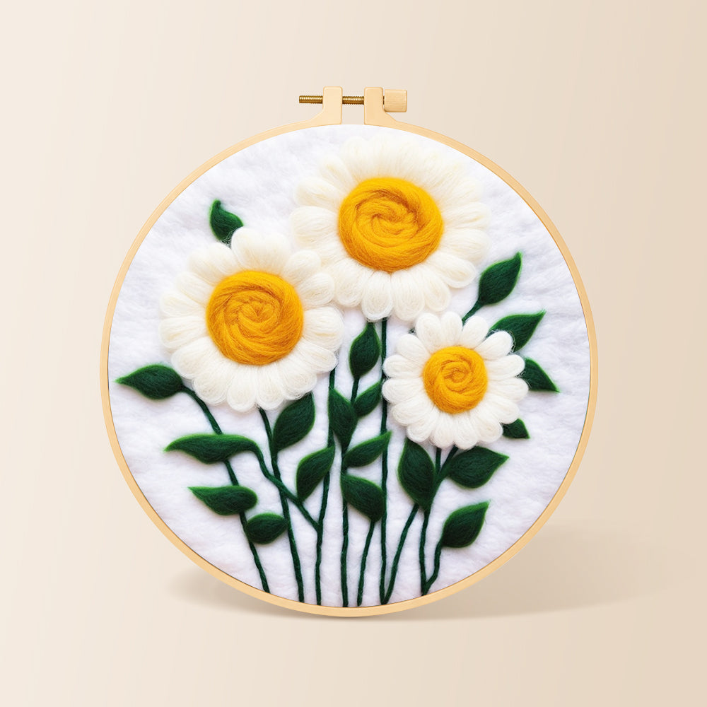 Elegant white daisies with yellow stamens needle felting kit for beginners with a round wooden frame