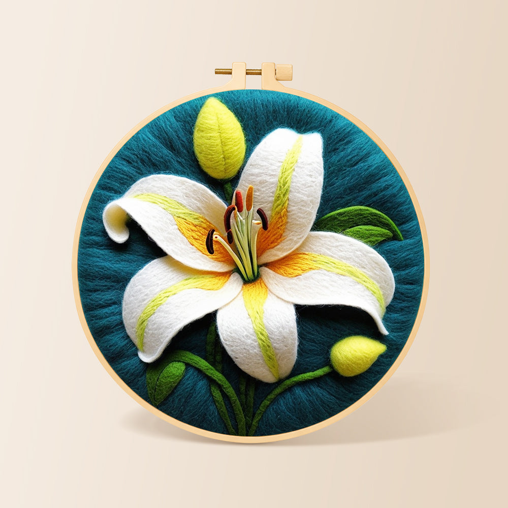 Elegant white lily needle felting kit for beginners with a round wooden frame