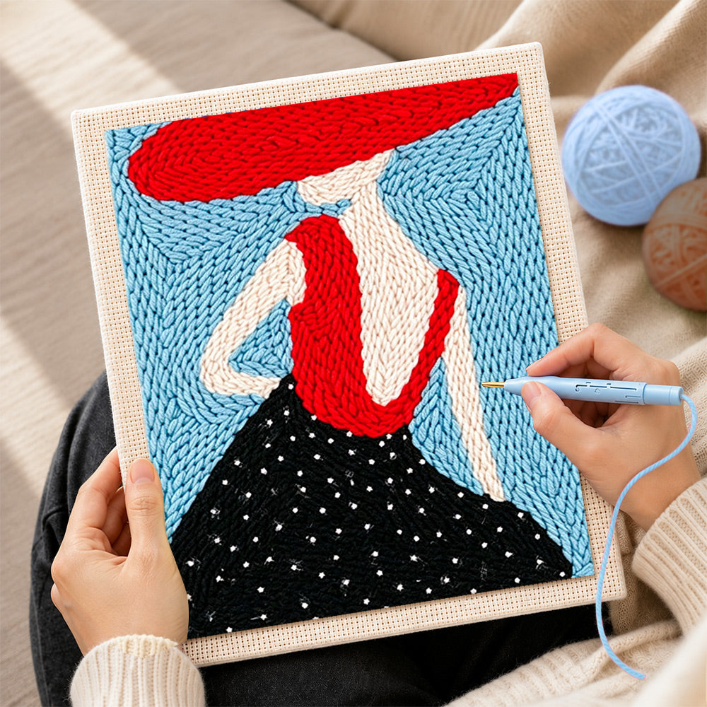 Creating handmade elegant woman in red hat punch needle artwork