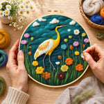Creating the elegant yellow heron among flowers wool painting by hand with a felting needle