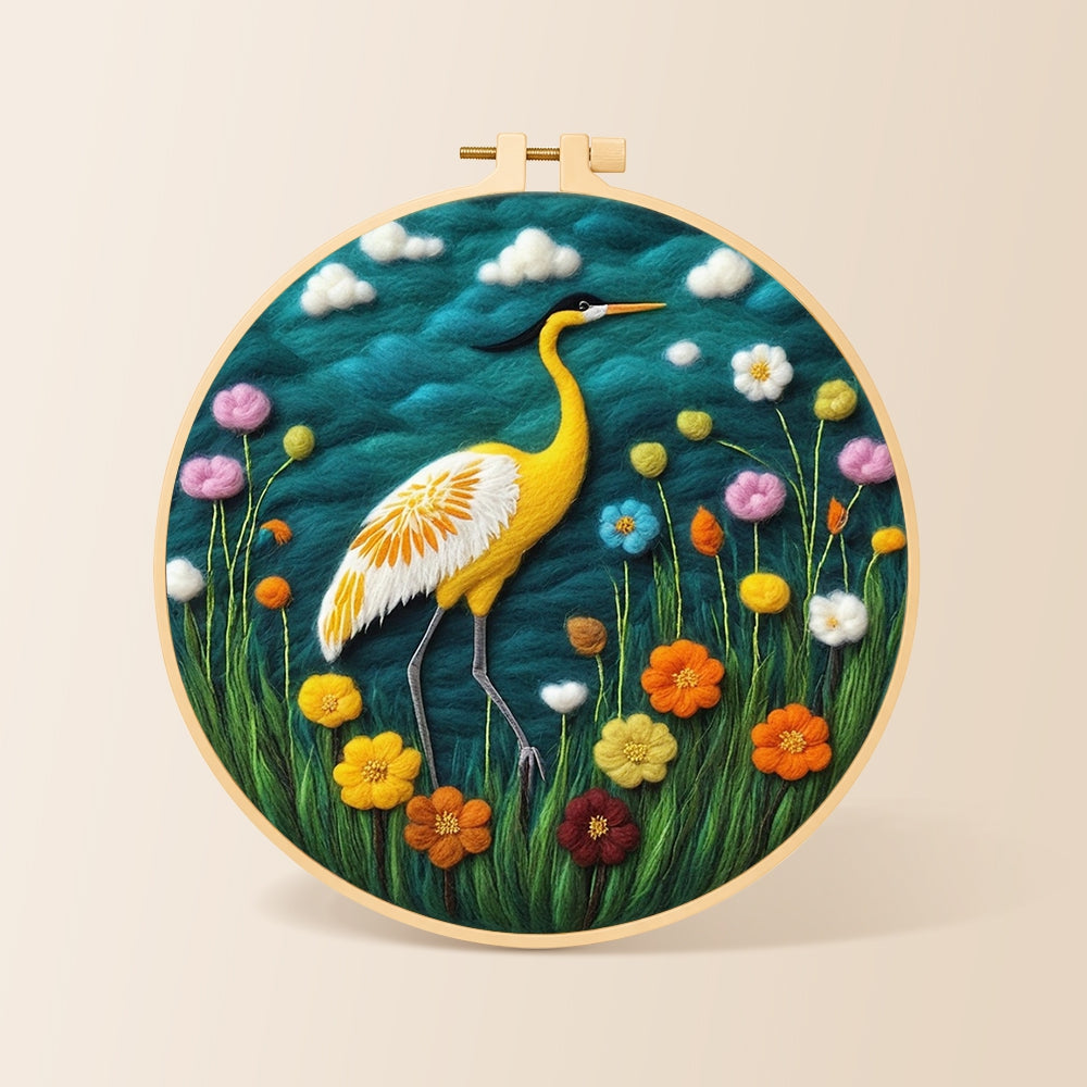 Elegant yellow heron among flowers needle felting kit for beginners with a round wooden frame