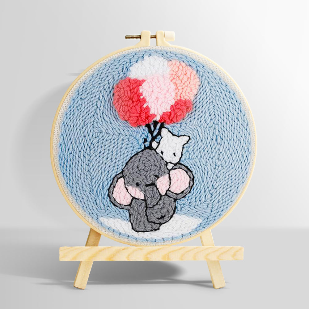 Elephant with balloons punch needle kit for beginners