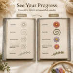 Embroidery stitch book before and after showing stitch patterns transformed into finished embroidery designs.