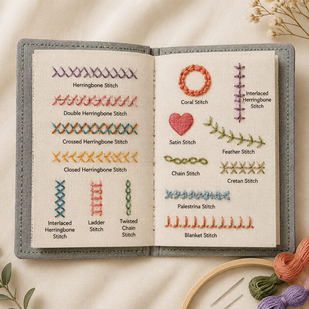 Open embroidery stitch book showing different hand embroidery stitch samples and practice pages.