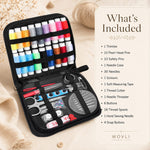 Embroidery stitch book kit including sewing needles, threads, scissors, measuring tape, and craft tools.