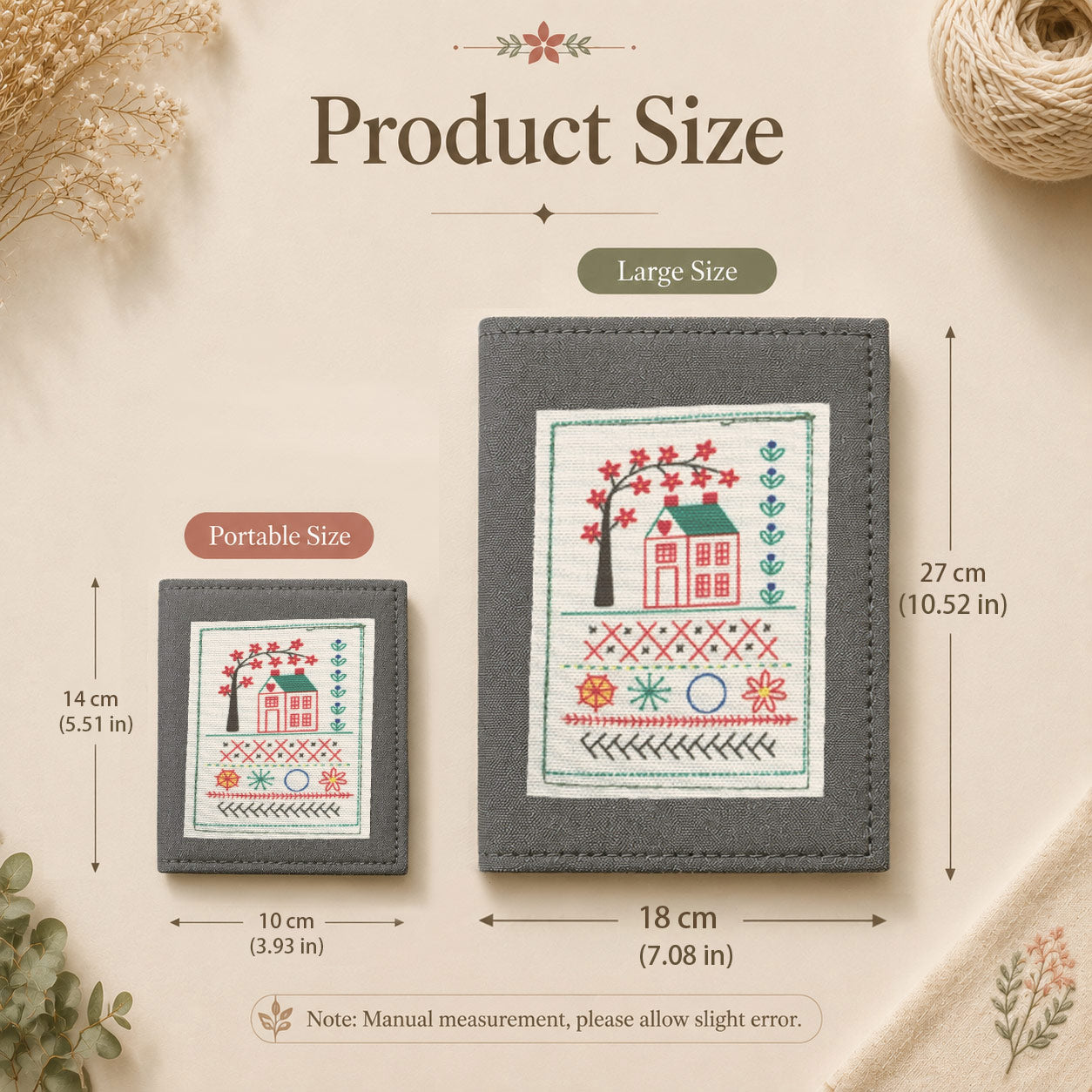 Embroidery stitch book size guide showing portable and large size options.