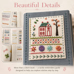 Close-up of embroidery stitch book pages showing detailed hand embroidery stitch techniques.